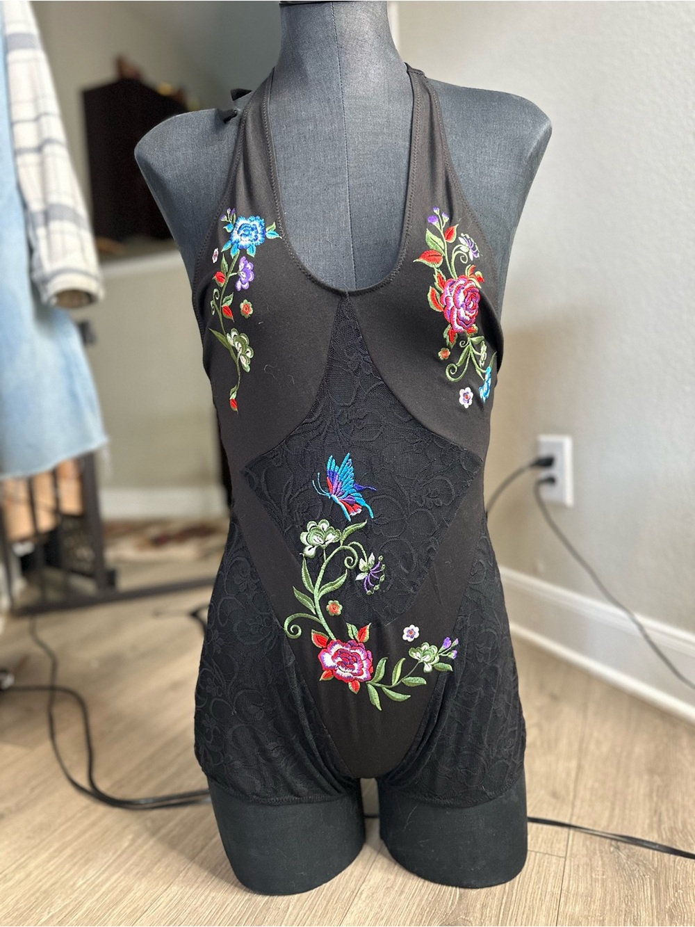 Dolls Kill Black Embroidered Floral Halter Romper